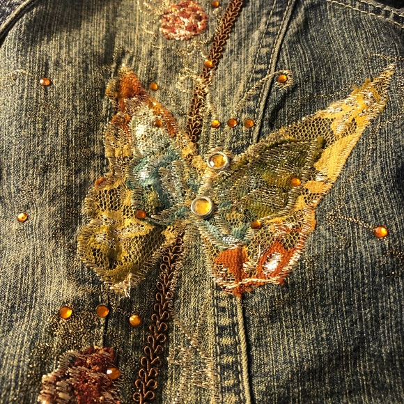 Illegal Jeans Denim Jean blazer jacket butterfly embroidered gem accents L - Picture 6 of 9